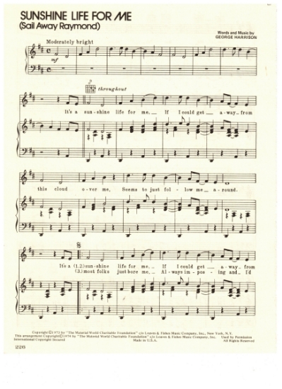 Picture of Sunshine Life For Me (Sail Away Raymond), written & recorded by George Harrison, sheet music