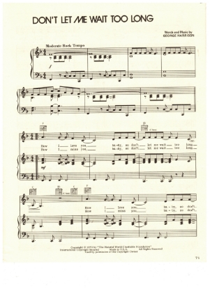 Picture of Don't Let Me Wait Too Long, written & recorded by George Harrison, sheet music