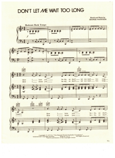 Picture of Don't Let Me Wait Too Long, written & recorded by George Harrison, sheet music
