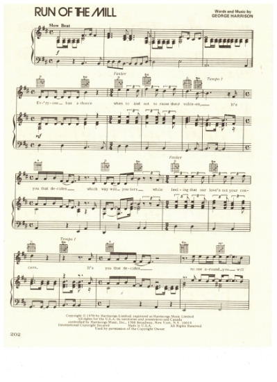 Picture of Run of the Mill, written & recorded by George Harrison, sheet music