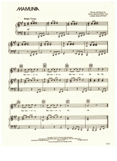 Picture of Mamunia, Paul & Linda McCartney, recorded by Wings, sheet music