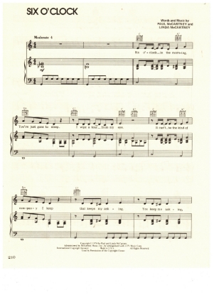 Picture of Six O'Clock, Paul & Linda McCartney, recorded by Ringo Starr, sheet music