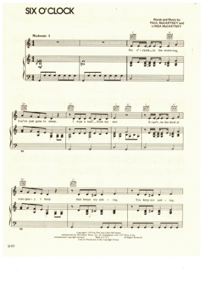 Picture of Six O'Clock, Paul & Linda McCartney, recorded by Ringo Starr, sheet music