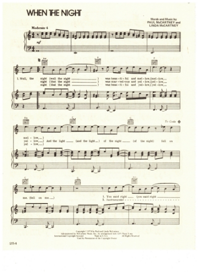 Picture of When The Night, Paul & Linda McCartney, recorded by Wings, sheet music