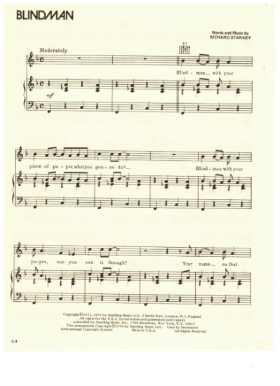 Picture of Blindman, Richard Starkey, recorded by Ringo Starr, sheet music