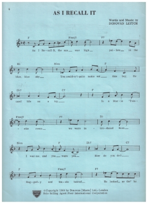 Picture of As I Recall It, Donovan Leitch, sung by Donovan, sheet music