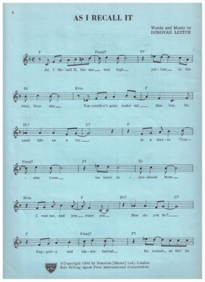 Picture of As I Recall It, Donovan Leitch, sung by Donovan, sheet music
