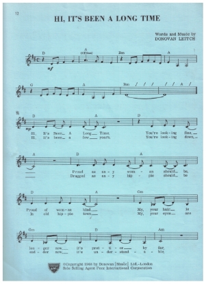 Picture of Hi It's Been a Long Time, Donovan Leitch, sung by Donovan, sheet music