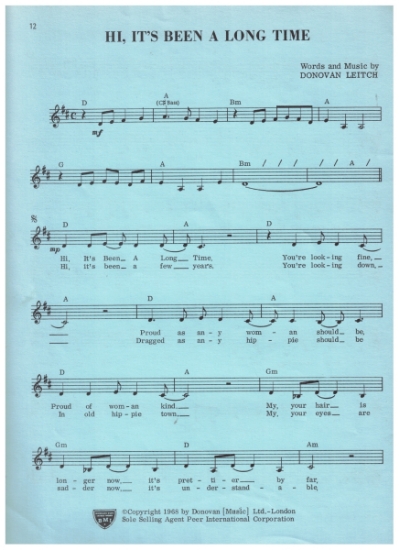 Picture of Hi It's Been a Long Time, Donovan Leitch, sung by Donovan, sheet music