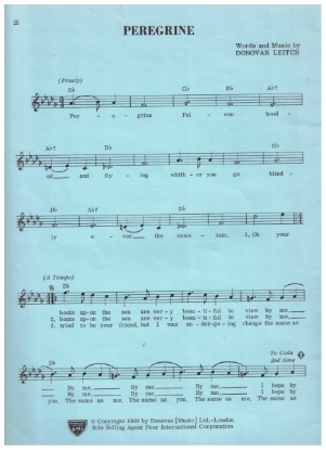 Picture of Peregrine, Donovan Leitch, sung by Donovan, sheet music