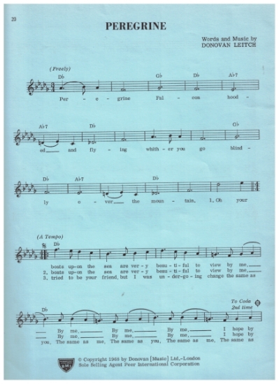 Picture of Peregrine, Donovan Leitch, sung by Donovan, sheet music