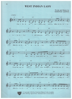 Picture of West Indian Lady, Donovan Leitch, sung by Donovan, sheet music