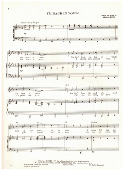 Picture of I'm Back in Town, Melanie Safka, recorded by Melanie, sheet music