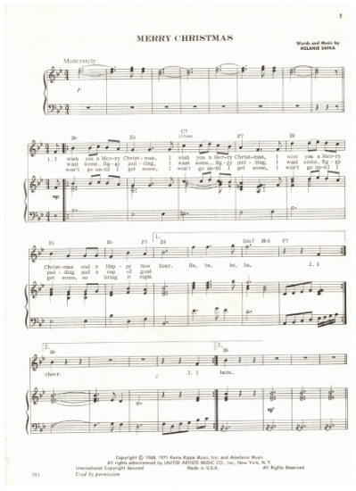 Picture of Merry Christmas, Melanie Safka, recorded by Melanie, sheet music