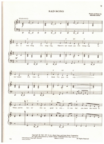 Picture of Sad Song, Melanie Safka, recorded by Melanie, sheet music
