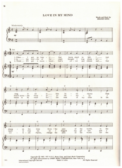 Picture of Love In Mind, Melanie Safka, recorded by Melanie, sheet music