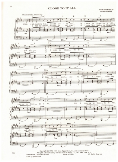 Picture of Close To It All, Melanie Safka, recorded by Melanie, sheet music