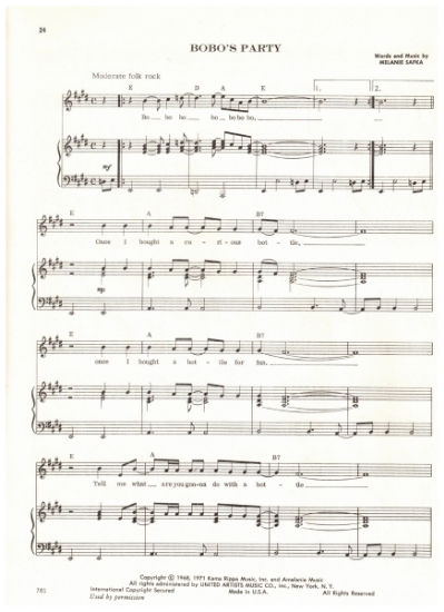 Picture of Bobo's Party, Melanie Safka, recorded by Melanie, sheet music
