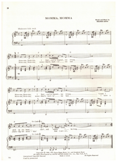 Picture of Momma Momma, Melanie Safka, recorded by Melanie, sheet music