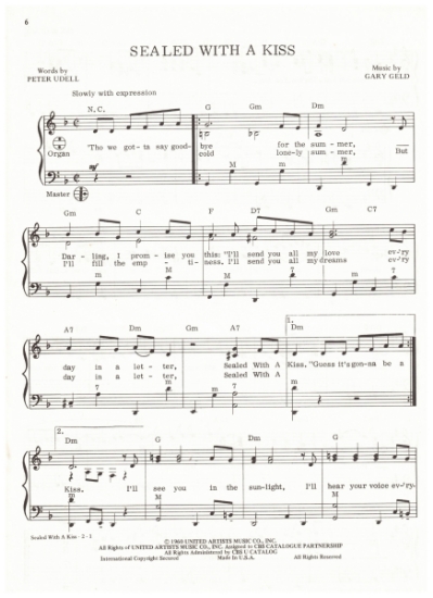 Picture of Sealed With a Kiss, Peter Udell & Gary Geld, arr. Pietro Deiro Jr. for accordion solo, pdf copy 