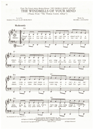Picture of The Windmills of Your Mind, from movie "The Thomas Crown Affair", Marilyn & Alan Bergman/ Michel Legrand, arr. Pietro Deiro Jr. for accordion solo, pdf copy