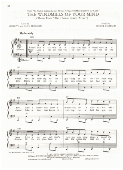 Picture of The Windmills of Your Mind, from movie "The Thomas Crown Affair", Marilyn & Alan Bergman/ Michel Legrand, arr. Pietro Deiro Jr. for accordion solo, pdf copy