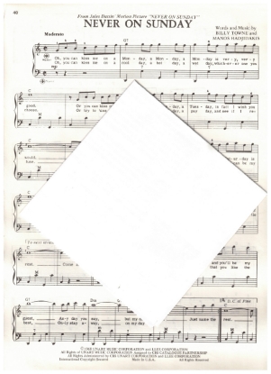 Picture of Never on a Sunday, Billy Towne & Manos Hadjidakis, arr. Pietro Deiro Jr. for accordion solo, pdf copy 