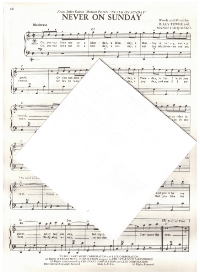 Picture of Never on a Sunday, Billy Towne & Manos Hadjidakis, arr. Pietro Deiro Jr. for accordion solo, pdf copy 