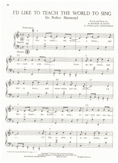 Picture of I'd Like to Teach the World to Sing, B. Backer/ B. Davis/ R. Cook/ R. Greenway, arr. Pietro Deiro Jr. for accordion solo, pdf copy