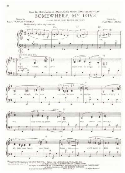 Picture of Somewhere My Love, theme from "Dr. Zhivago", Paul Francis Webster & Maurice Jarre, arr. Pietro Deiro Jr. for accordion solo, pdf copy 
