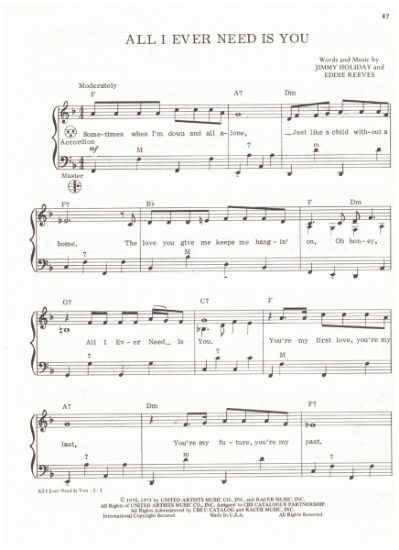 Picture of All I Ever Need Us You, Jimmy Holiday & Eddie Reeves, recorded by Sonny & Cher, arr. Pietro Deiro Jr. for accordion solo, pdf copy
