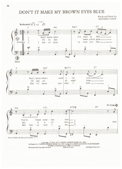 Picture of Don't It Make My Brown Eyes Blue, Richard Leigh, recorded by Crystal Gayle, arr. Pietro Deiro Jr. for accordion solo, pdf copy 