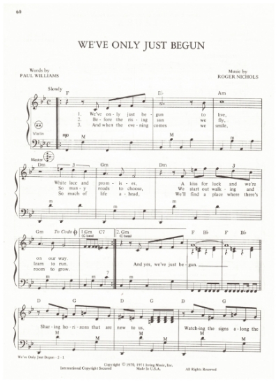 Picture of We've Only Just Begun, Paul Williams & Roger Nichols, recorded by The Carpenters, arr. Pietro Deiro Jr. for accordion solo, pdf copy 