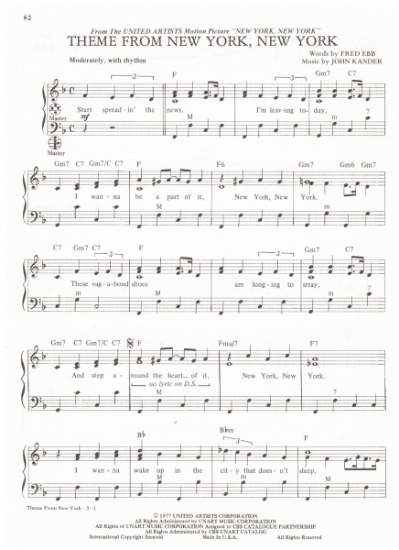 Picture of New York New York, movie title theme, Fred Ebb & John Kander, recorded by Frank Sinatra; Liza Minnelli, arr. Pietro Deiro Jr. for accordion solo, pdf copy 