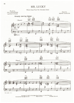 Picture of Mr. Lucky, title TV show theme, Jay Livingston/ Ray Evans/ Henry Mancini, arr. Pietro Deiro Jr. for accordion solo, pdf copy