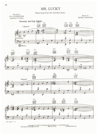 Picture of Mr. Lucky, title TV show theme, Jay Livingston/ Ray Evans/ Henry Mancini, arr. Pietro Deiro Jr. for accordion solo, pdf copy