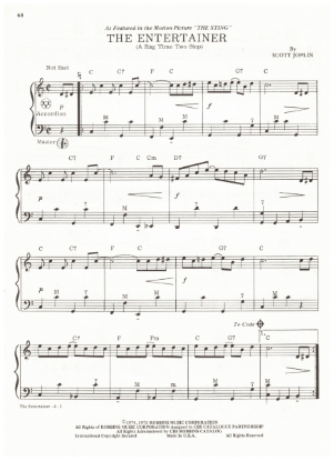 Picture of The Entertainer, Scott Joplin, arr. Pietro Deiro Jr., easy four page accordion solo