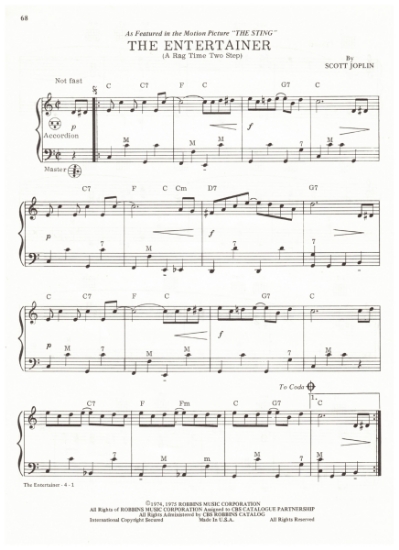 Picture of The Entertainer, Scott Joplin, arr. Pietro Deiro Jr., easy four page accordion solo