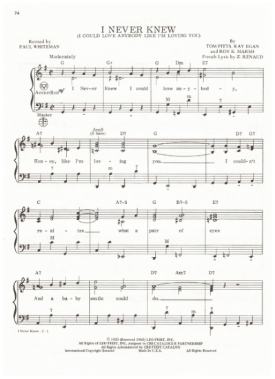 Picture of I Never Knew (I Could Love Anybody Like I'm Loving You), Paul Whiteman/ Tom Pitts/ Ray Egan/ Roy K. Marsh, arr. Pietro Deiro Jr. for accordion solo, pdf copy 