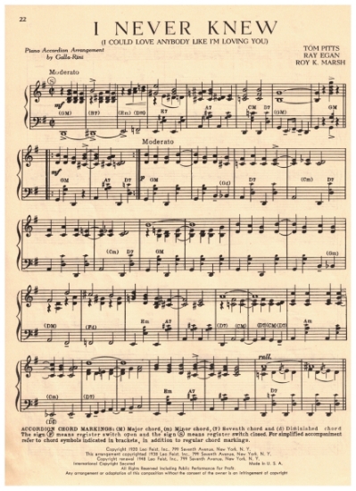 Picture of I Never Knew (I Could Love Anybody Like I'm Loving You), Tom Pitts/ Ray Egan/ Roy K. Marsh, arr. for accordion solo by Galla-Rini, pdf copy
