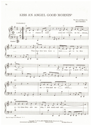 Picture of Kiss an Angel Good Morning, Ben Peters, recorded by Charlie Pride, arr. Pietro Deiro Jr. for accordion solo, pdf copy 