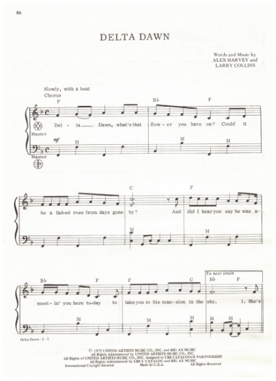 Picture of Delta Dawn, Alex Harvey & Larry Collins, recorded by Helen Reddy, arr. Pietro Deiro Jr. for accordion solo, pdf copy 