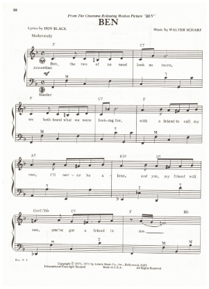 Picture of Ben, movie title theme, Don Black & Walter Scharf, recorded by Michael Jackson, arr. Pietro Deiro Jr. for accordion solo, pdf copy 