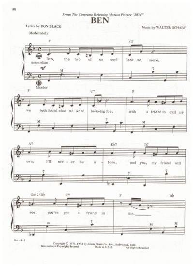 Picture of Ben, movie title theme, Don Black & Walter Scharf, recorded by Michael Jackson, arr. Pietro Deiro Jr. for accordion solo, pdf copy 