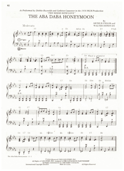 Picture of The Aba Daba Honeymoon, used in 1950 movie "Two Weeks With Love", recorded by Debbie Reynolds, arr. Pietro Deiro Jr. for accordion solo, pdf copy 