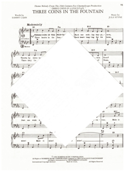 Picture of Three Coins in a Fountain, movie title song, Sammy Cahn & Jule Styne, arr. Pietro Deiro Jr. for accordion solo, pdf copy 