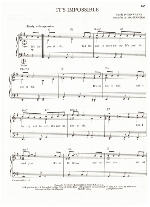 Picture of It's Impossible, Sid Wayne & A. Manzanero, recorded by Perry Como, arr. Pietro Deiro Jr. for accordion solo, pdf copy
