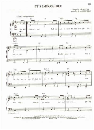 Picture of It's Impossible, Sid Wayne & A. Manzanero, recorded by Perry Como, arr. Pietro Deiro Jr. for accordion solo, pdf copy