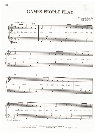 Picture of Games People Play, written & recorded by Joe South, arr. Pietro Deiro Jr. for accordion solo, pdf copy