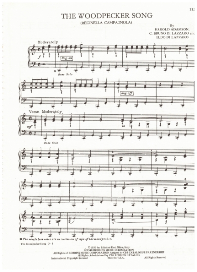 Picture of The Woodpecker Song (Reginella Campagnola), Brune & Eldo Lazzaro / Harold Adamson, arr. Pietro Deiro Jr. for accordion solo, pdf copy